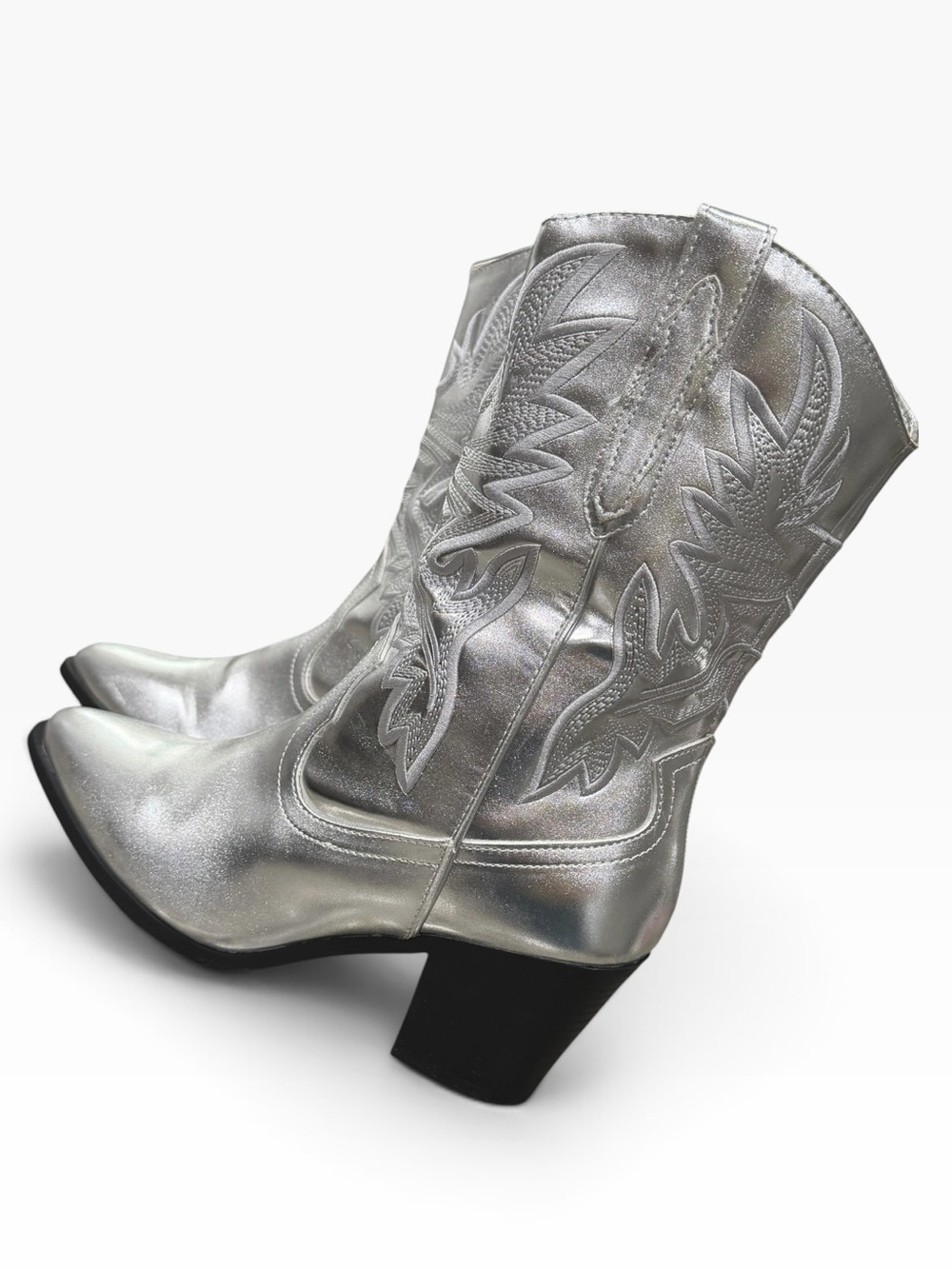 Forever 21 Women’s Metallic Silver Western Heeled Cowboy Festival Boots | Size 8